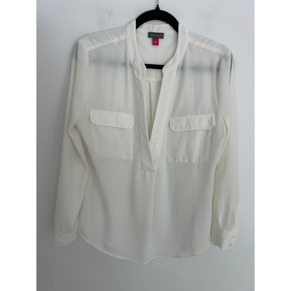 Vince Camuto Ivory Split Neck Roll Tab Sleeve Popover Blouse Womens Small